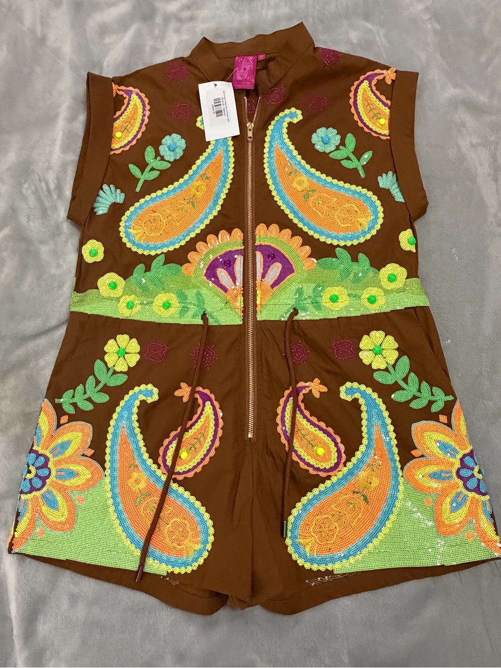 QUEEN OF SPARKLES Brown Embroidered Paisley Romper
